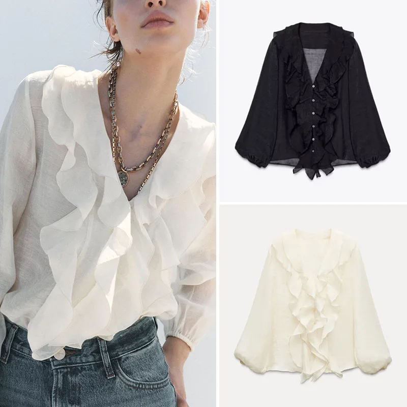 

Новое весеннее поступление, женское irt ZA2025, пышное длинное све, V-Ne, многослойное украшение, уличный Sle, чистый цвет, китайский заказ