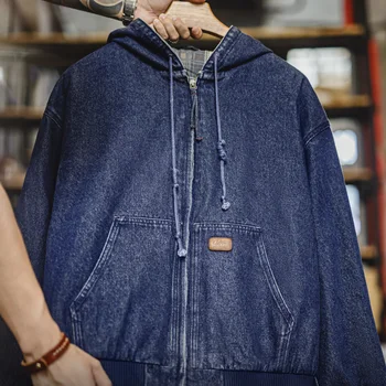 Maden Retro Men's J130 10.5oz Denim Jacket Heavyweight Washed Aged Hooded Jacket Zipper Work Coat with Large Pockets for Fall 5 Maden Retro Men's J130 10.5oz Denim Jacket Heavyweight Washed Aged Hooded Jacket Zipper Work Coat with Large Pockets for Fall 5