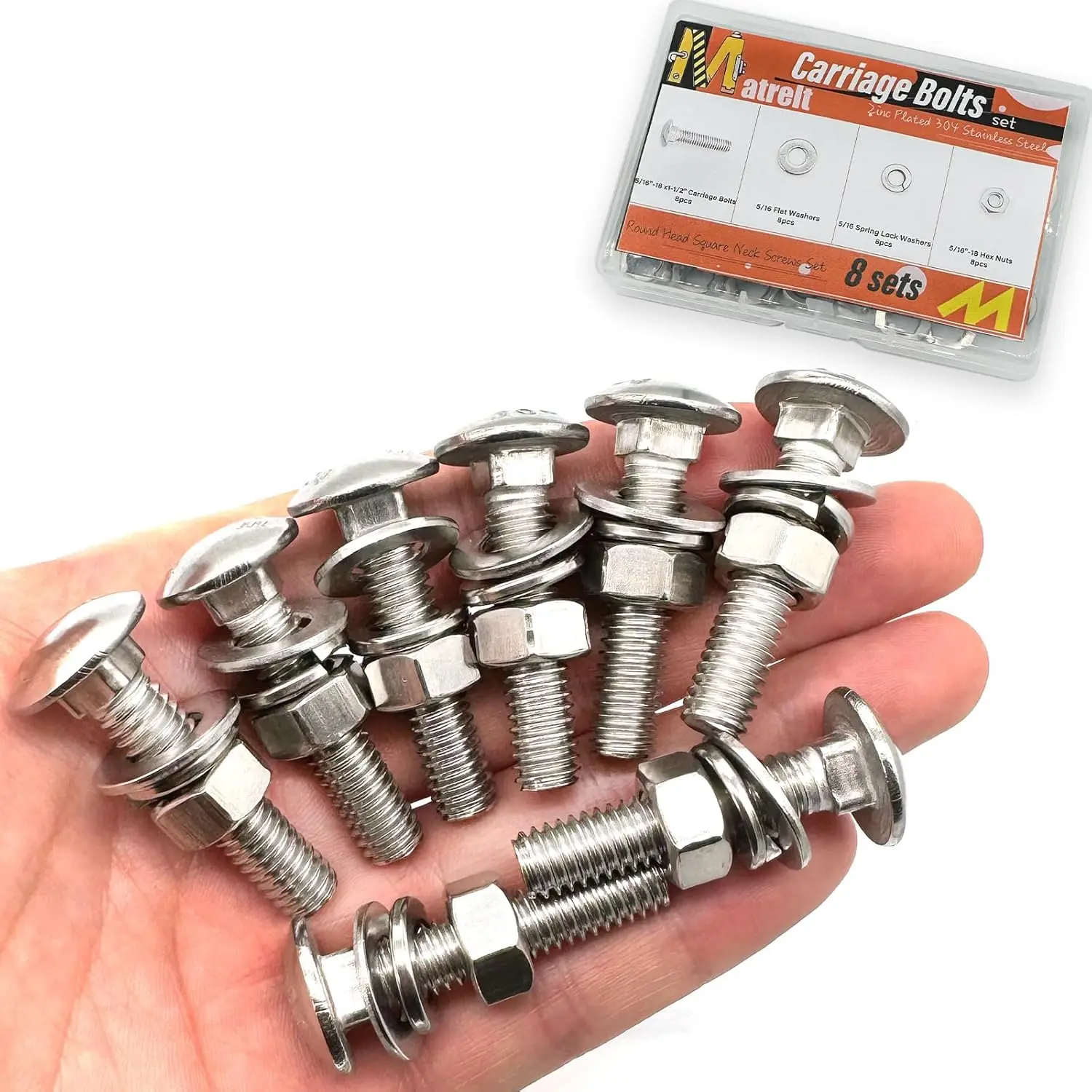 

304 Stainless Steel Carriage Bolts Kit with Hex Nuts and Washers for Machinery and Construction