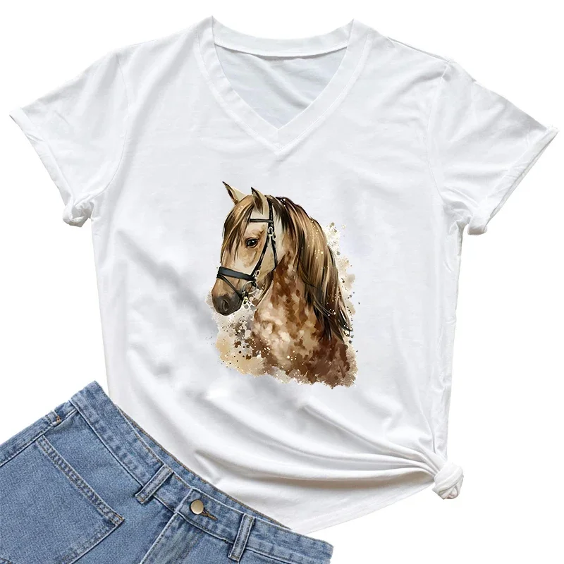 

Horse Graphic T Shirts Animals Lovers Tee Shirt V-neck Streetwear Women Casaul Fashion T Shirt Y2k Tops Vintage Camiseta Mujer