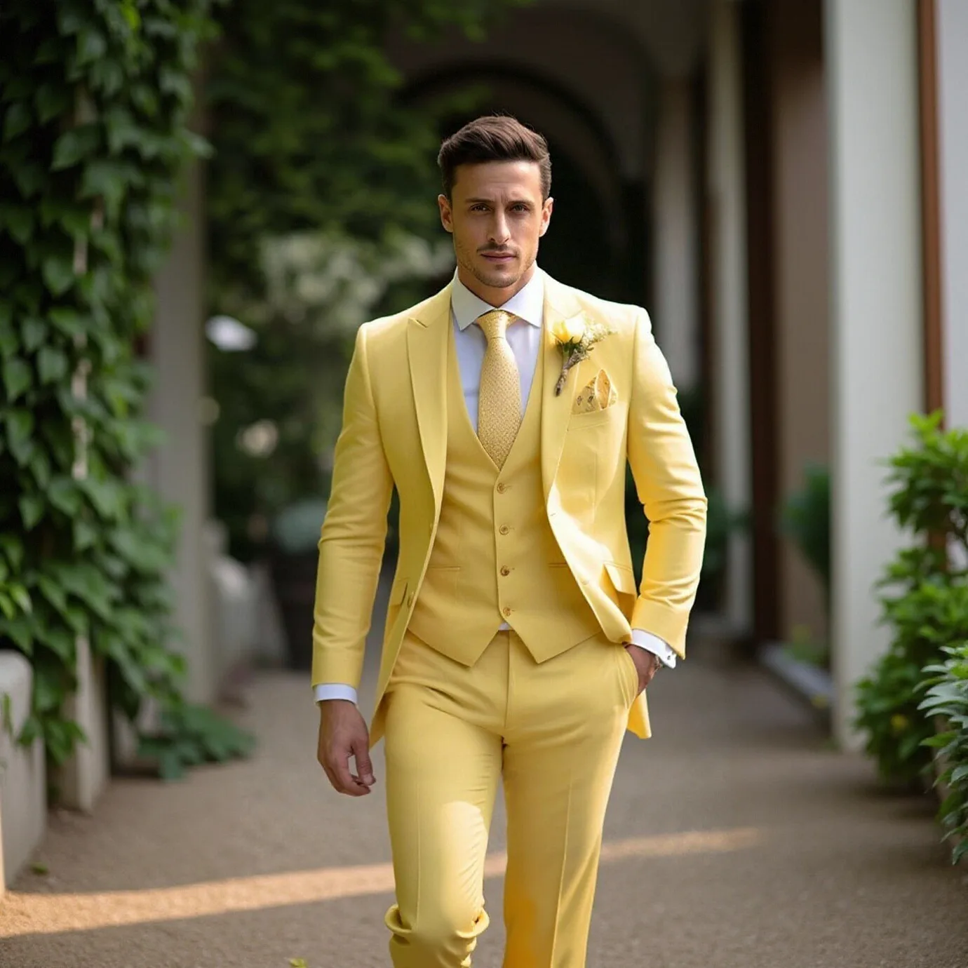 

Light Yellow Men Suit Wedding Tuxedo Groom Prom Formal Slim Fit 3 Piece Suit Business Party Blazer Vest Pants Custom Made Gentle