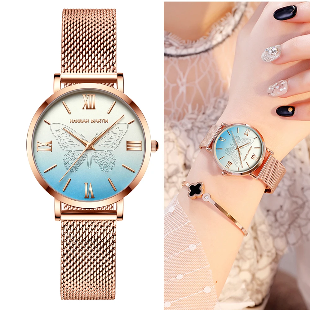 

2023 New Women Quartz Wristwatch Hannah Martin 36mm 3D Carved Butterfly Girl Clock Japanese Movement Mesh Strap Watch For Women