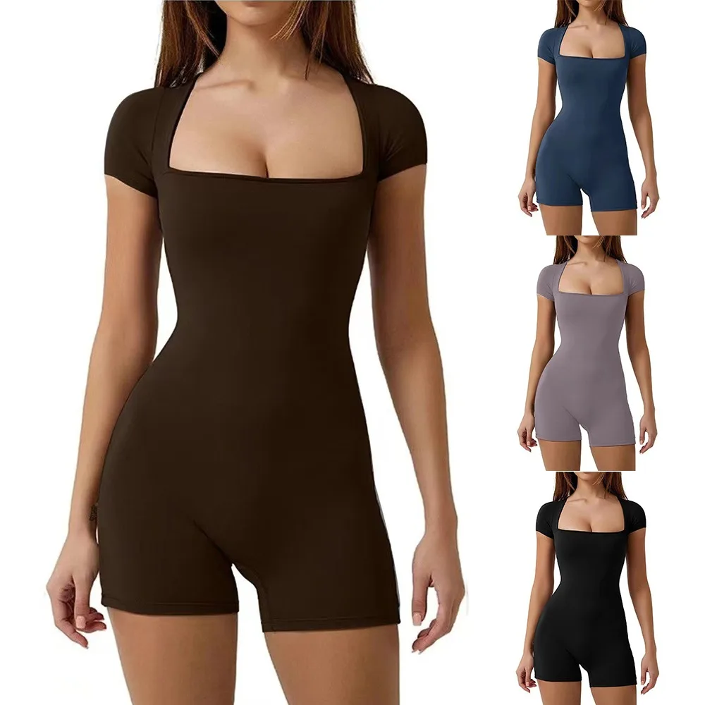 

Short Sleeve One Piece Yoga Suit Sexy One Piece Stretchy Square Neck Yoga Bodysuit Solid Color Gym Jumpsuit Women