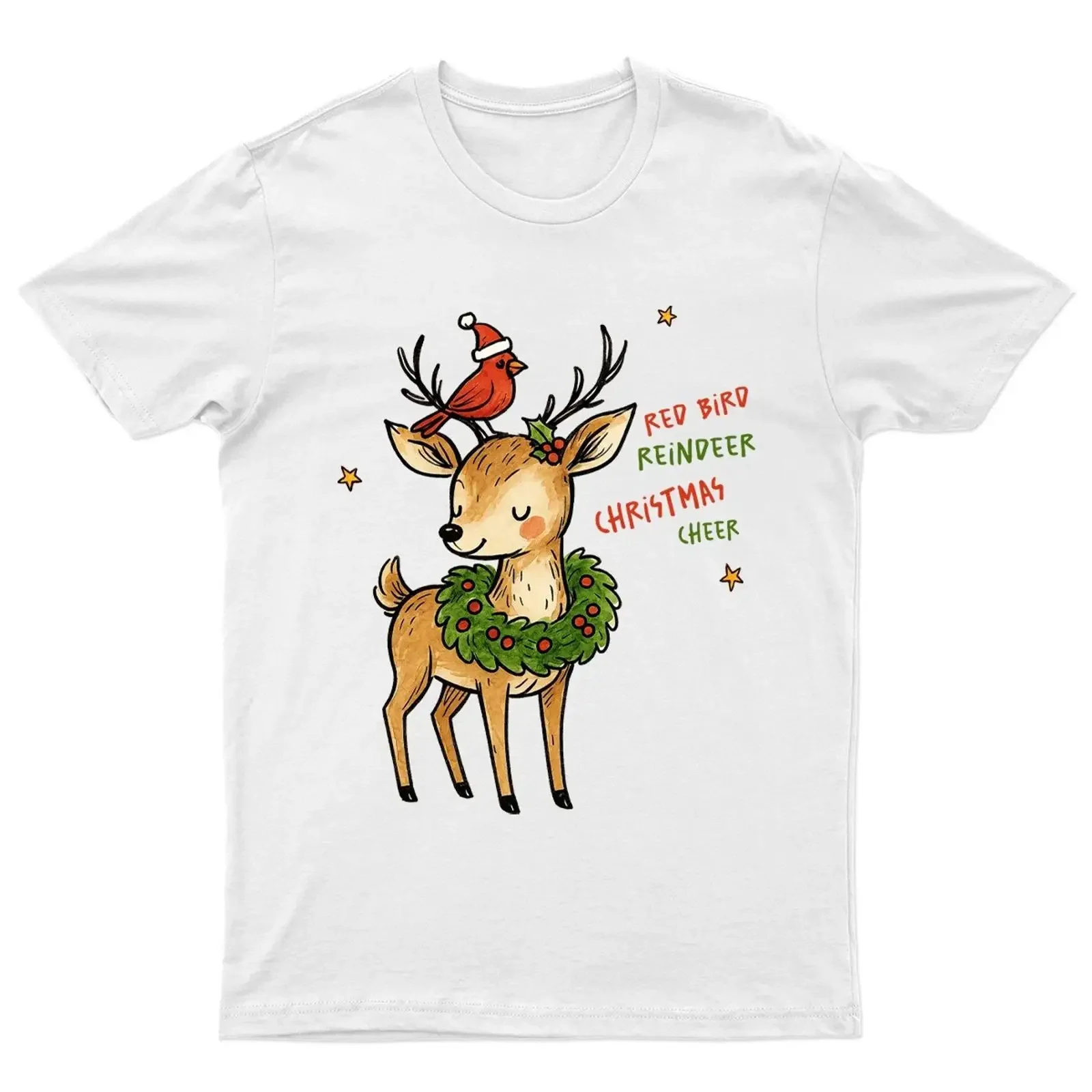 Red Bird Reindeer Christmas Cheer Holiday T Shirt   vintage Washed graphic Unisex Stretched Breathable designer clothes