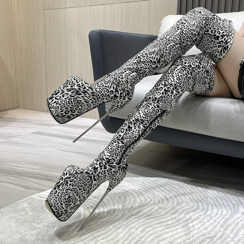 19CM/9inches Leopard PU Upper Pole Dancing Shoes Women Fashion High Heel Platform Thigh High Boots Pole Dance Boots