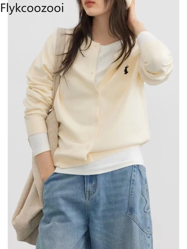 Spring and Autumn Simple Wool Cardigan Women Loose Thin Long Sleeve Sweater Coat Embroidery Rabbit Knitwear Solid Color Top