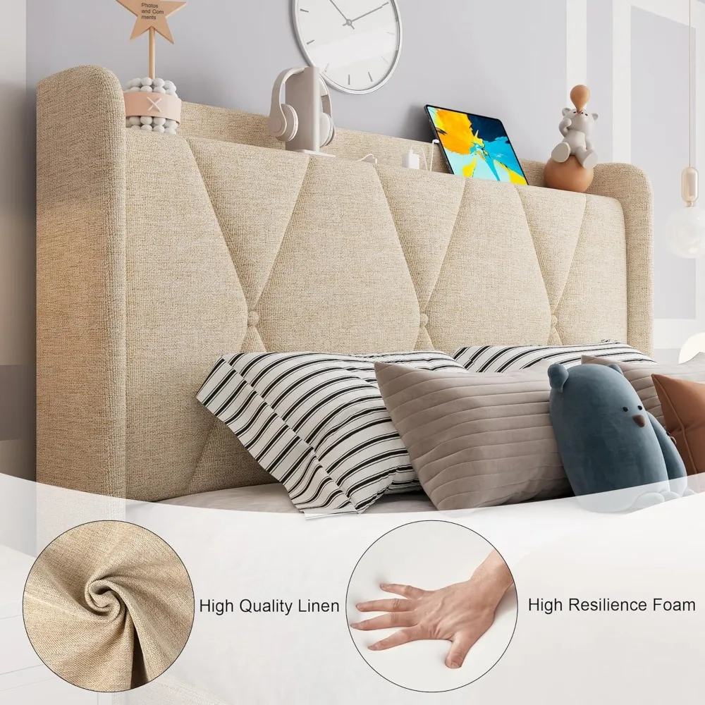 Estrutura de cama de solteiro com 3 gavetas de armazenamento, cama de plataforma estofada com estação de carregamento rápido, cabeceira de armazenamento Wingback