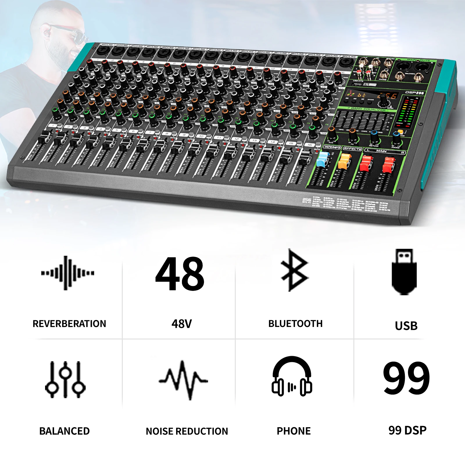 12 Channel 99 DSP Digital Mixer Professional Powered Audio Mixing Console Power Soundcraft Sound Mixer with Bluetooth USB