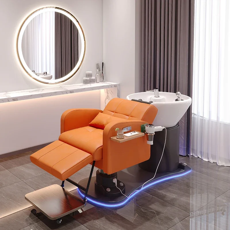 Mobilier de salon de coiffure en cuir orange, lit de lavage moderne, chaise de shampooing électrique de luxe à vendre