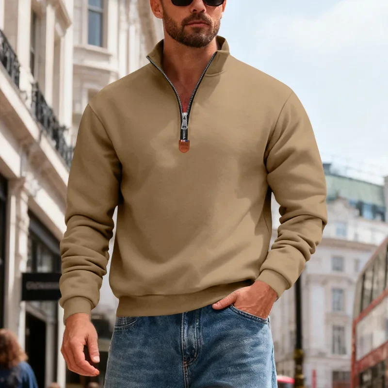 سويت شيرت شتوي من الصوف عالي التحمل للرجال بياقة واقفة دافئة للاستخدام الخارجي وشعار رياضي كاجوال مطبوع على الطراز الأوروبي الأمريكي