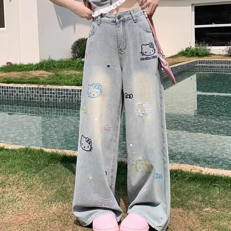 

Модные женские джинсы с мультяшным принтом, летние новые прямые брюки для студентов, милые широкие брюки для подростков, приятные к телу, мягкие, универсальные