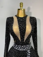 Sexy Sparkly Diamond Black Long Sleeves Bodycon Mesh Jumpsuit Evening Party Nightclub Bar Singer Performance Stage Costume 5