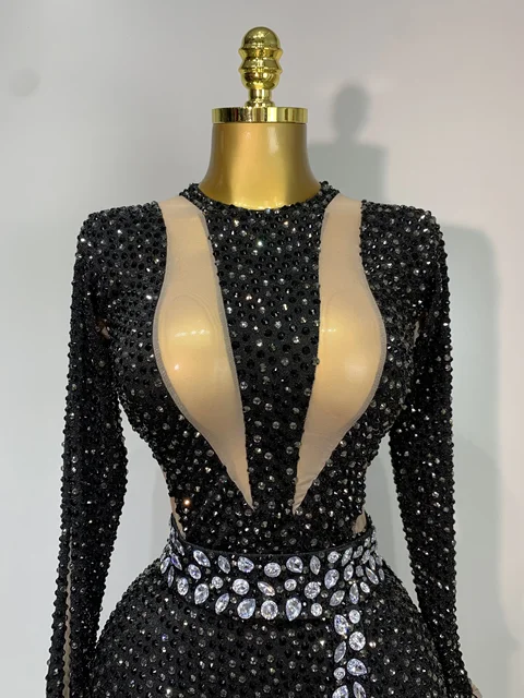 Sexy Sparkly Diamond Black Long Sleeves Bodycon Mesh Jumpsuit Evening Party Nightclub Bar Singer Performance Stage Costume 5 Sexy Sparkly Diamond Black Long Sleeves Bodycon Mesh Jumpsuit Evening Party Nightclub Bar – view 5