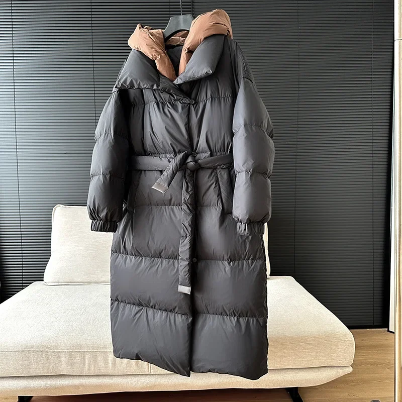 

Winter Women Fake Two-piece Detachable Hooded Puffer Jacket Luxury Long 90% White Duck Down Coat Thick Warm Windproof Snow Parka