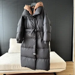 Chaqueta acolchada con capucha desmontable para mujer, abrigo de plumón de pato blanco 90%, grueso y cálido, Parka de nieve a prueba de viento, de lujo, de dos piezas falsas, de invierno