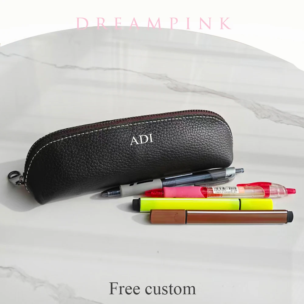 Custom Name Genuine Leather Pencil Bag Persoanlized Name Student Pen Pouch Luxury Cowhide Women Small Makeup Brush Zip Bag
