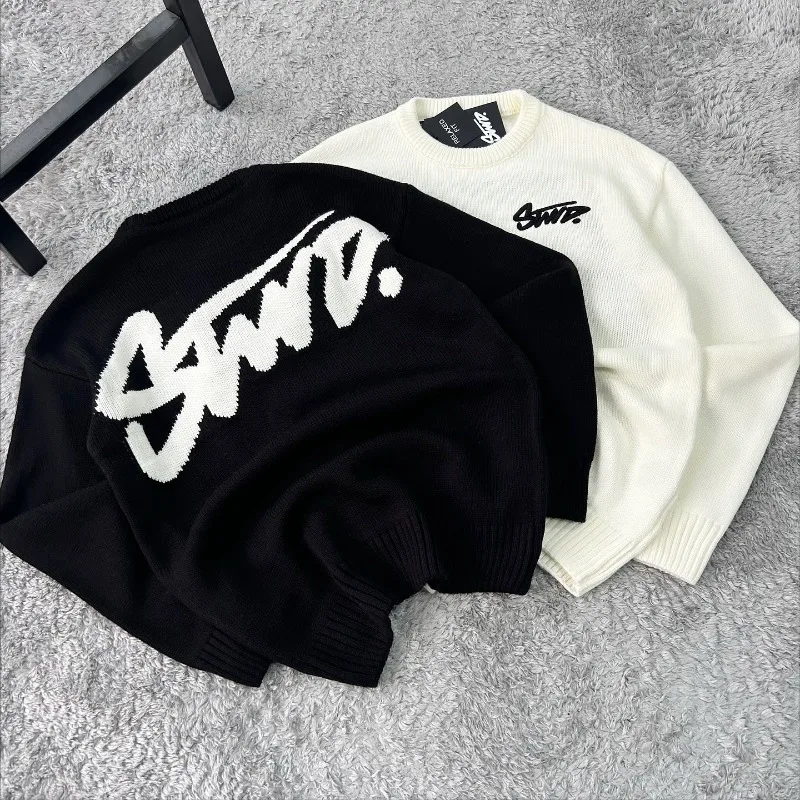 Europejski Amerykański Retro Harajuku Oversize Sweter Męski Y2K Casual High Street Fashion Jesień Zima Ciepły Długi Rękaw Top Damski