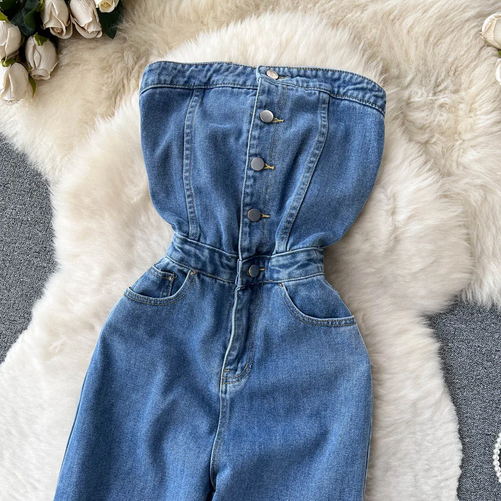 Spring and Summer New Retro Style Sexy Thin Single-breasted Denim Tube Top Jumpsuit Feminine Wide-leg Denim Trousers