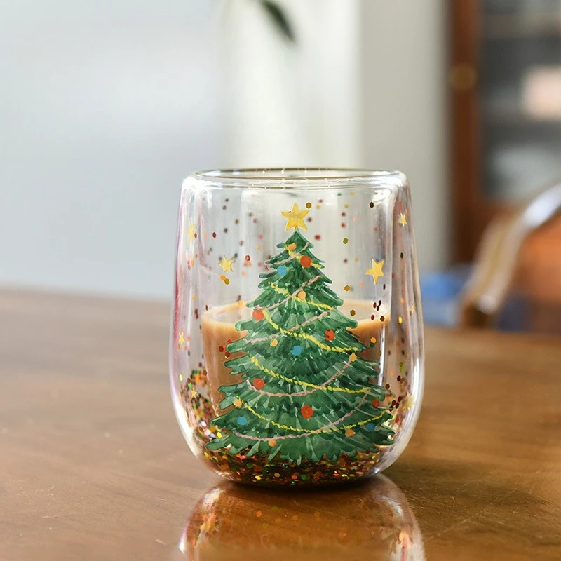 

New Christmas Tree Cups Heat Resistant and Non Scalding Double Layer Cups Flowing Glitter Christmas Cup Cartoon Double Layer Cup