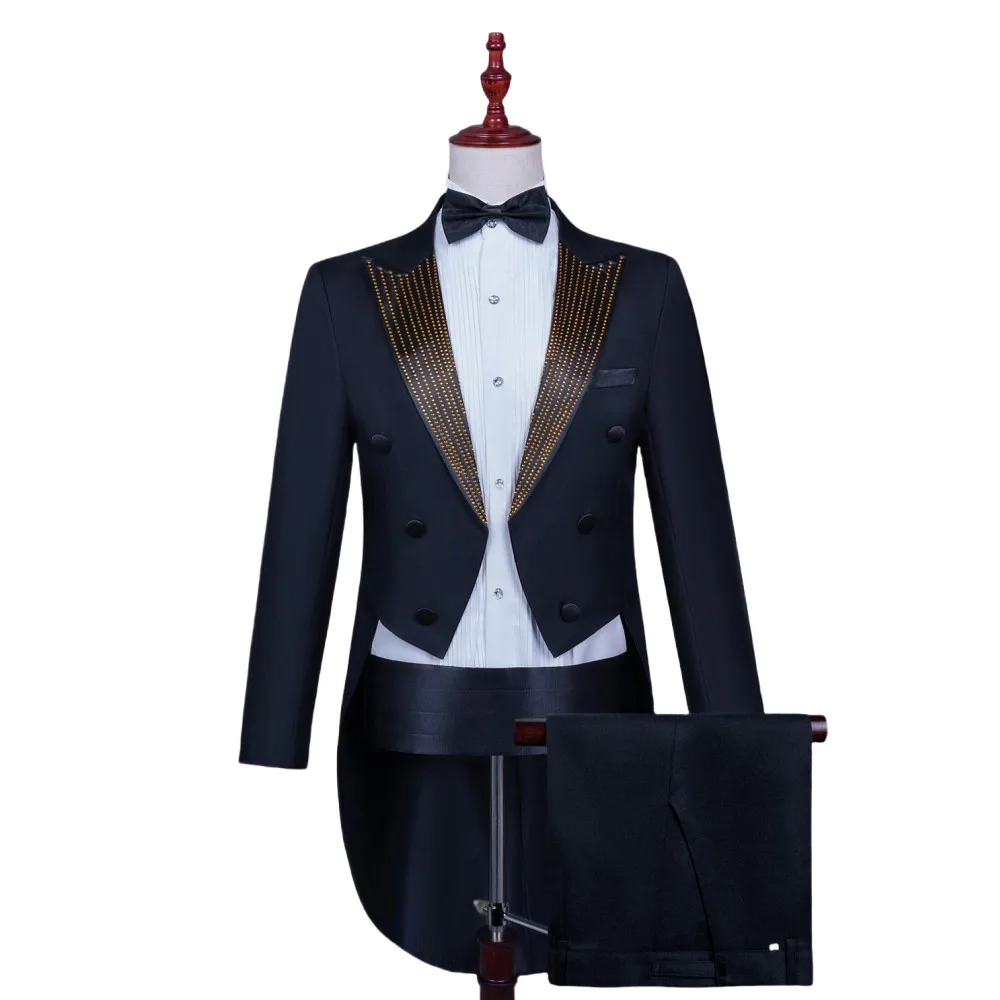 Men's Tailcoat Suit Black White Slim Fit Bead Tuxedo Pants Two Pieces Sets for Singer Chorus Pianist Magician Host Artist Suits