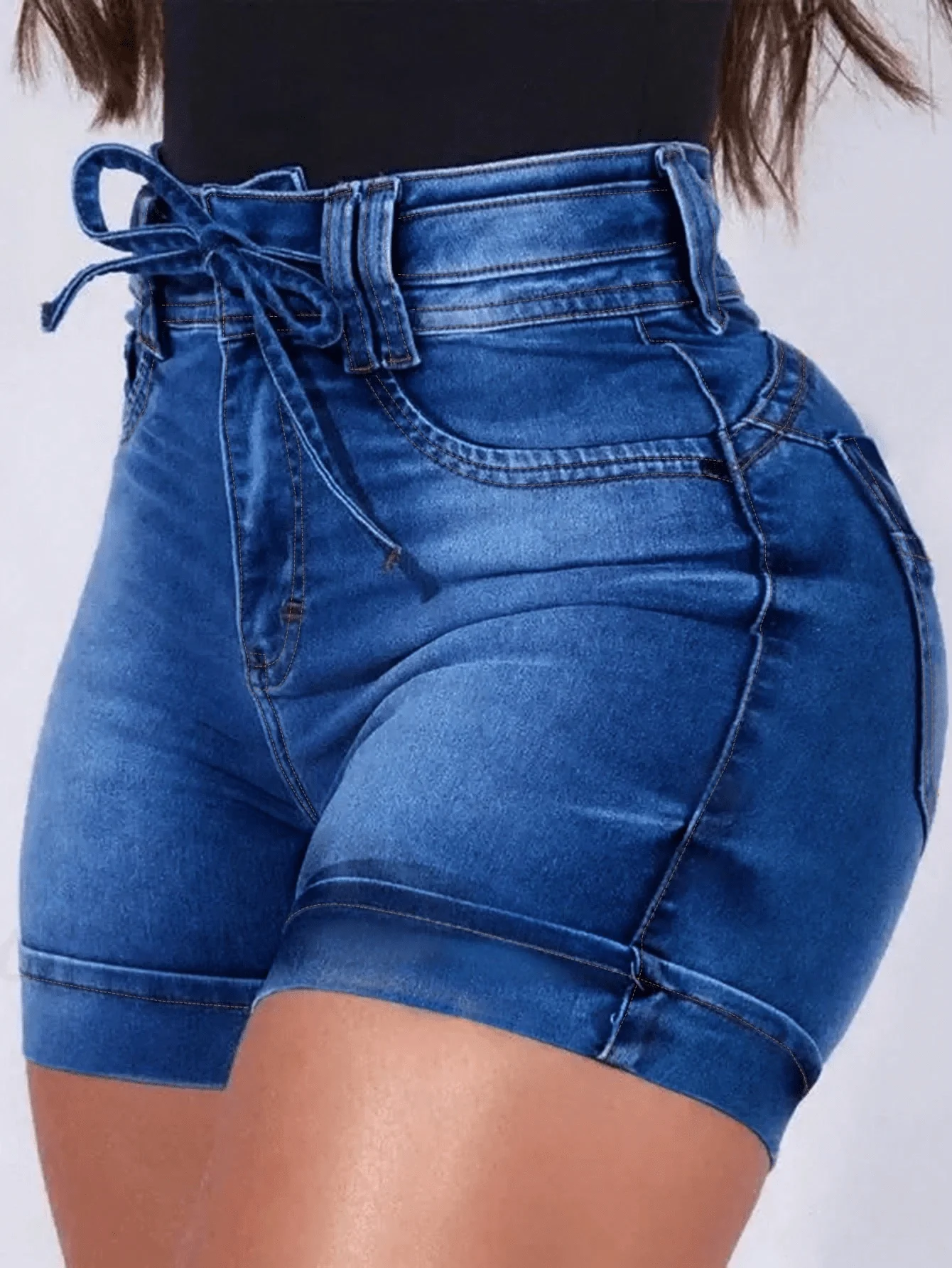 

Women High Waist Denim Shorts With Drawstring Waist And Cuffed Hem