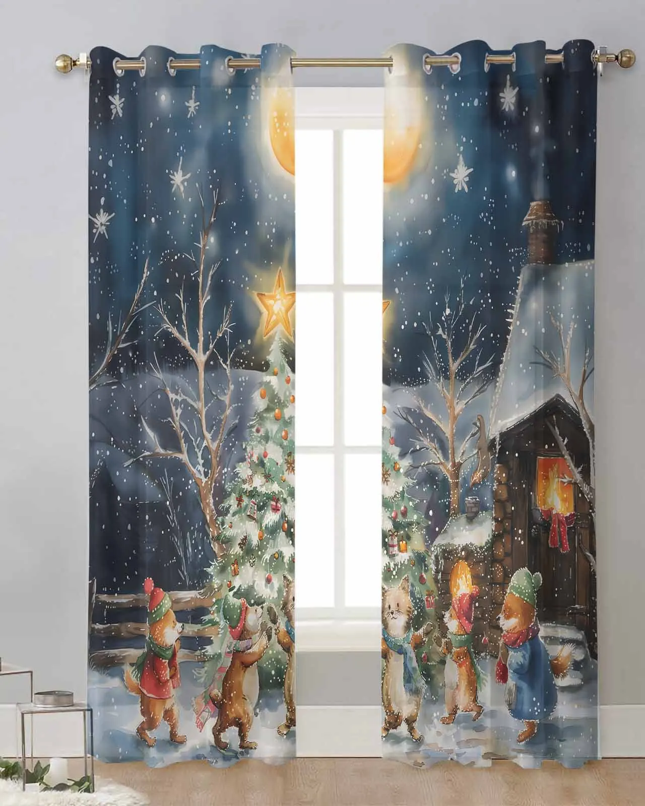 Christmas Tree Colorful Forest Moon Bonfire Animals Sheer Curtains For Living Room Modern Valance Kitchen Tulle Curtains