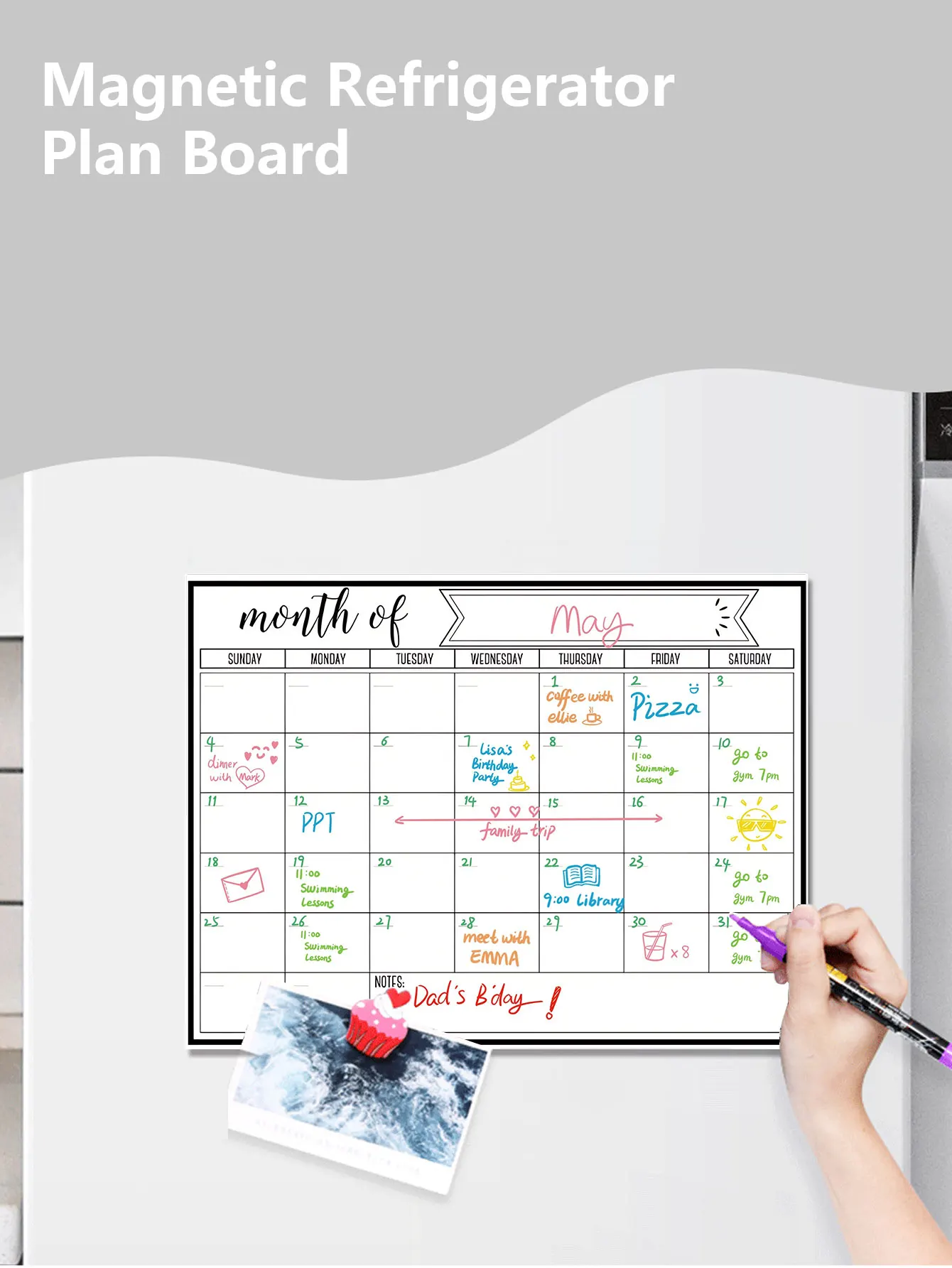 Fridge Calendar Planner Smooth Erasable Surface Refrigerator Sticker Strong Magnet Backing Durable Whiteboard for Kitchen