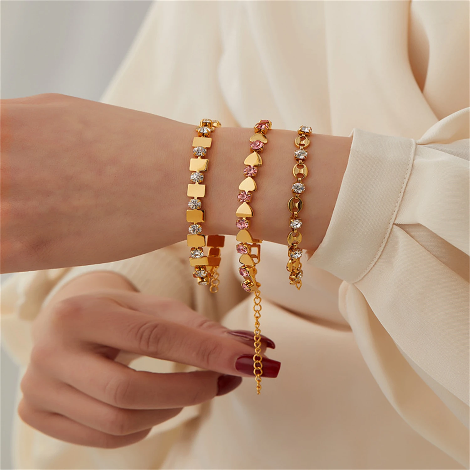 

WAKA Women's Fashion Geometric Bracelet Set with Colorful Crystals Heart/Square/Circle Designs Chic Stackable Daily & Party