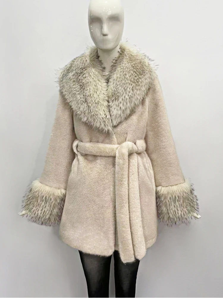 

ZADORIN Luxury Long Mink Coat Faux Raccoon Fur Collar Warm Black Fur Coat Woman Elegant Belted Faux Fur Jacket Winter Outerwears