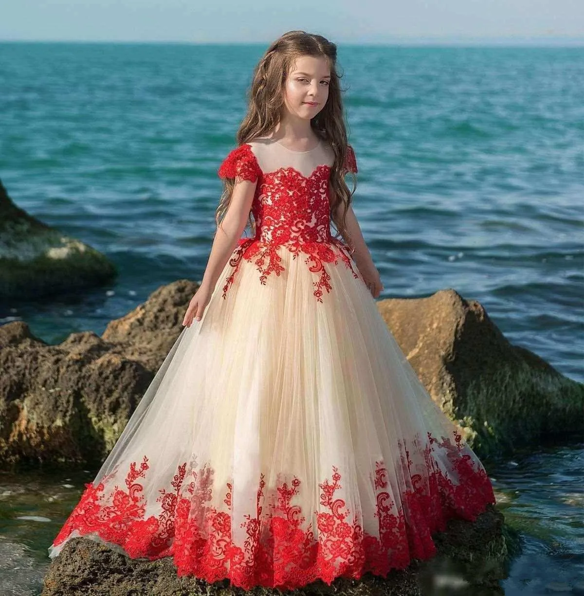 Robe à fleurs en dentelle rouge pour filles, appliques en tulle, manches courtes, longueur au sol, robes de soirée moelleuses pour enfants, première communion, boule, quoi que ce soit