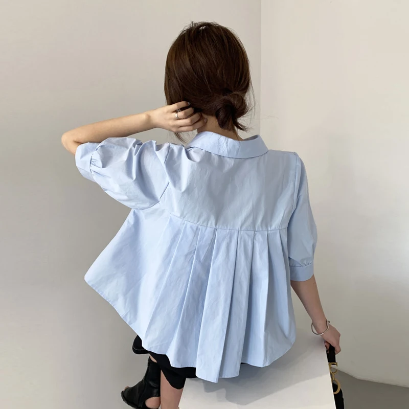 

Летний дизайн, женский ор Bubble Sve irt с воротником-аккордеон и складками Ba Pure Color, обычная длина све, повседневная длина