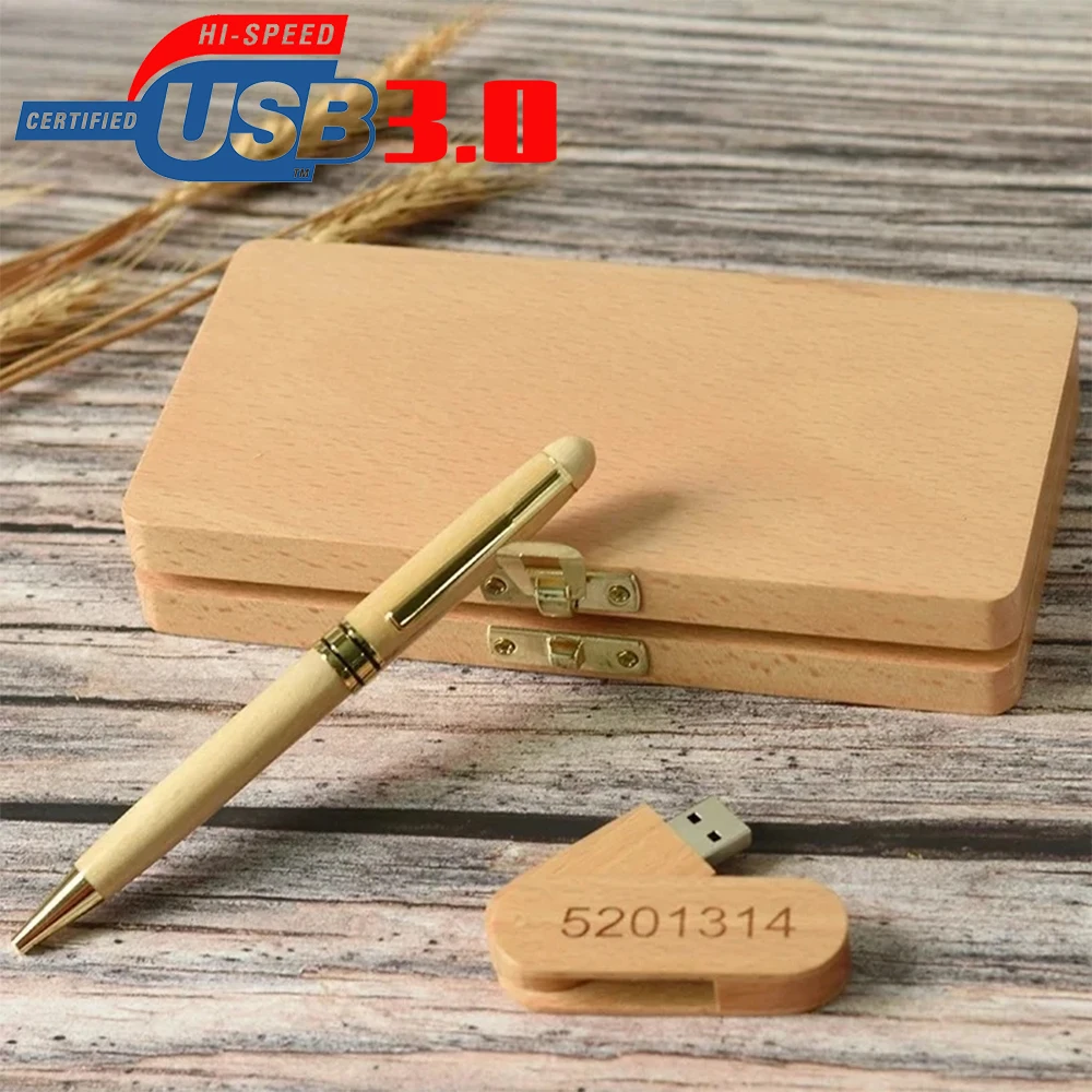 High Speed Beech Business USB 3.0 Flash Drive Gift Box Pen Drive Ballpoint Memory Stick Wood Pendrive Free Custom Logo  64GB