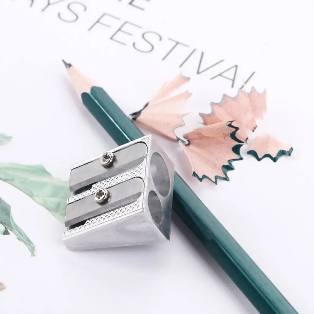 Lovely Simple Bevelled Metal Stationery Silver Double Hole Pencil Sharpener Pens Cutter Tool Office Sharpener Pencil Sharpener