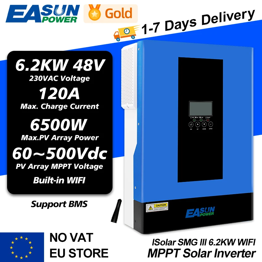 EASUN 6.2KW MPPT Solar Inverter 48v 6500W PV Input 60-500VDC 120A Charger Off Grid Inversor Support BMS for Solar Power System