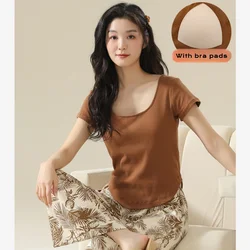 Women's Pajamas With Chest Bar Pads Spring and Summer Short Sleeves Long Pants Ice Silk Can Be Worn Outside Print Soft Slim