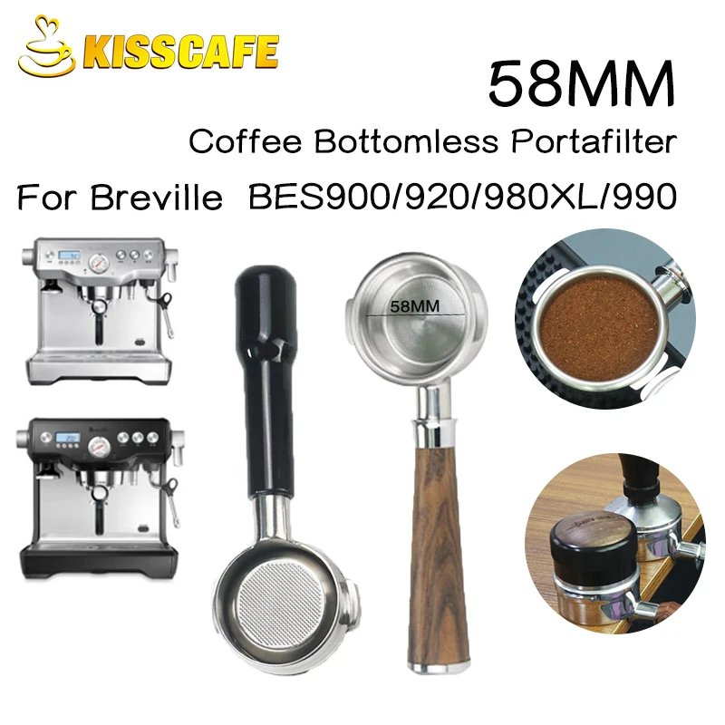 58MM Coffee Bottomless Portafilter For Breville BES900 920 980 Stainless Steel Replacement Filter Basket Wooden Handle Barista