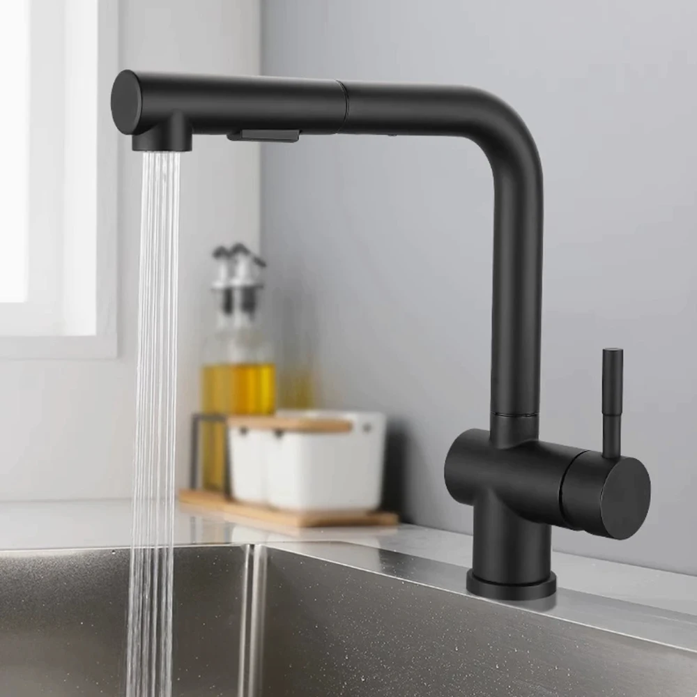 304 Stainless Steel Kitchen Sink Faucet ,Mixer Cold & Hot Water Nozzle Pulling Down 60 cm Length Hose , 360 Rotation 4 COLORS