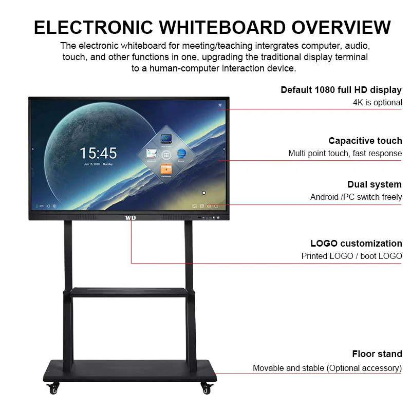 55 inch multifunction pen/finger touch screen interactive whiteboard electronic smart board for classroom