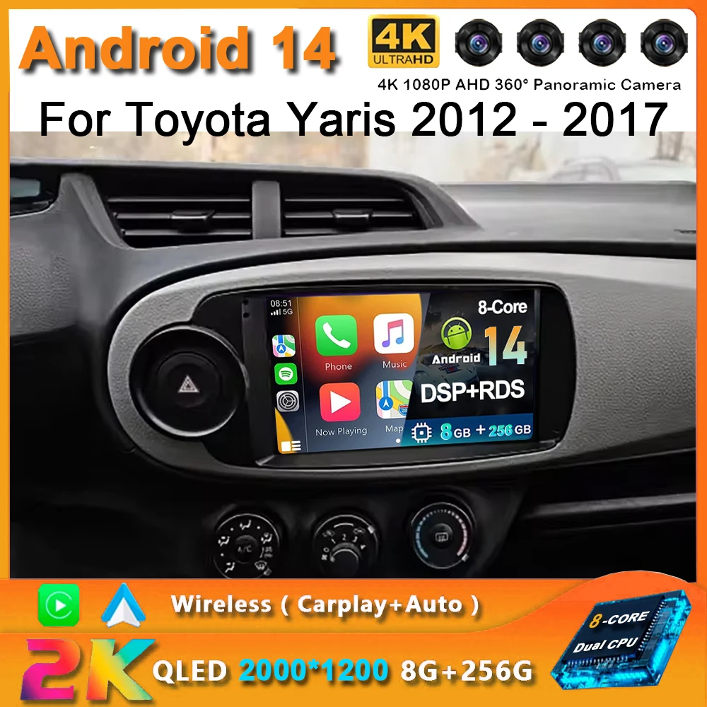 2K QLED Android 14 Car Radio For Toyota Yaris 2012 - 2017 Multimedia Video Player GPS AI Voice CarPlay 4G Stereo Head Unit