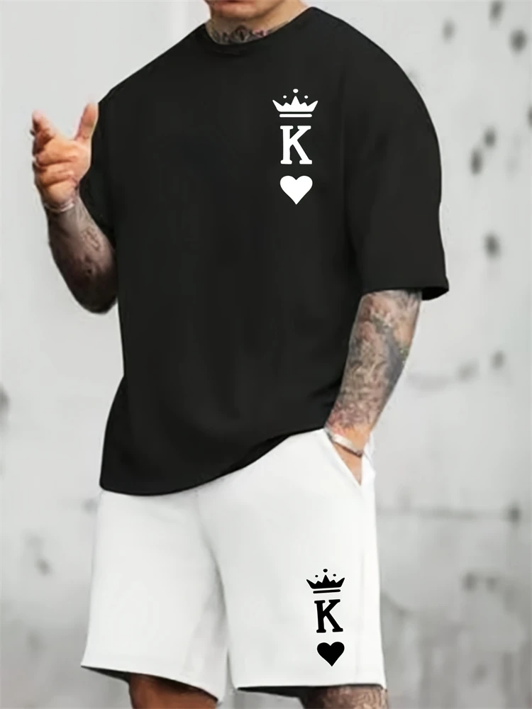 

Summer fashion men's personalized letter print comfortable breathable round neck T-shirt shorts set outdoor street style outfit