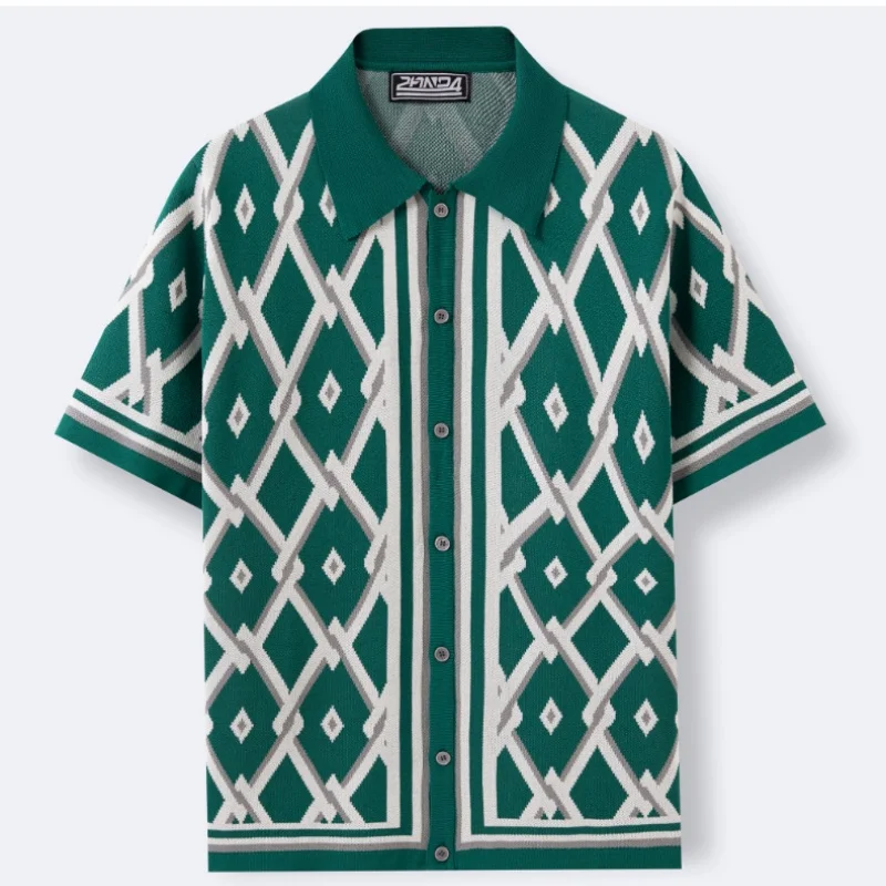 Men Vintage Argyle Geometric Jacquard Knit Shirt Short Sleeve Cardigan Ethnic Pattern Casual Knitted Tops Streetwear