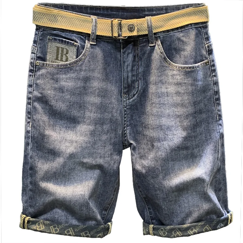 Casual Denim Shorts Men's Loose Trendy Embroidered Cropped Pants Summer Thin Light Luxury High-End Washed Stretch Capri Pants