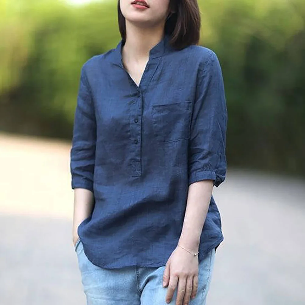 

Women Summer Casual Cotton and Linen Stand Collar Shirt Loose Mid-length Sleeve Shirt