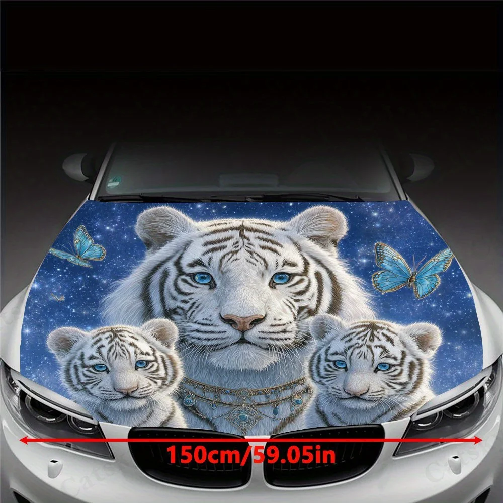Blue Eyed White Tiger&Butterfly Car Hood Stickers-PVC Tape Packaging, Durable Car Engine Cover Decoration, Ideal Gift For Car En