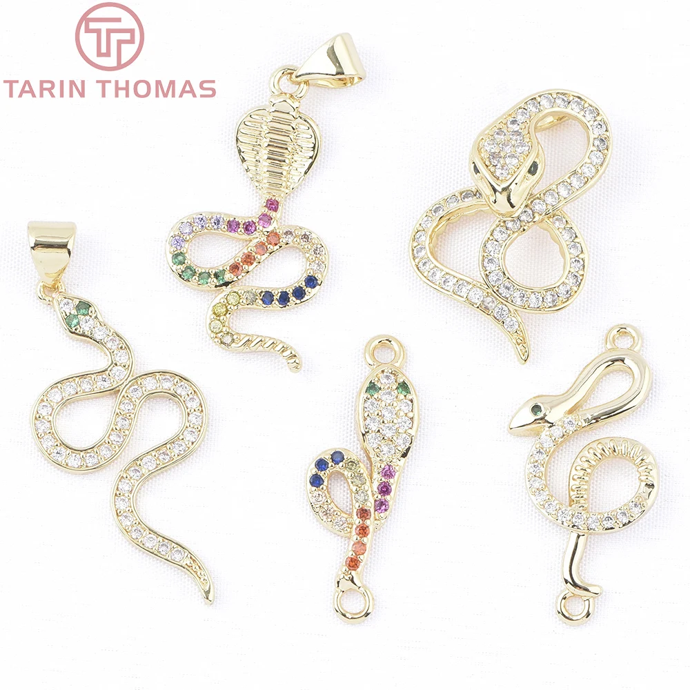 (9927) 4PCS 18K Gold Color Brass with Zircon Multiple Styles Serpentine Pendants High Quality DIY Jewelry Making Accessories
