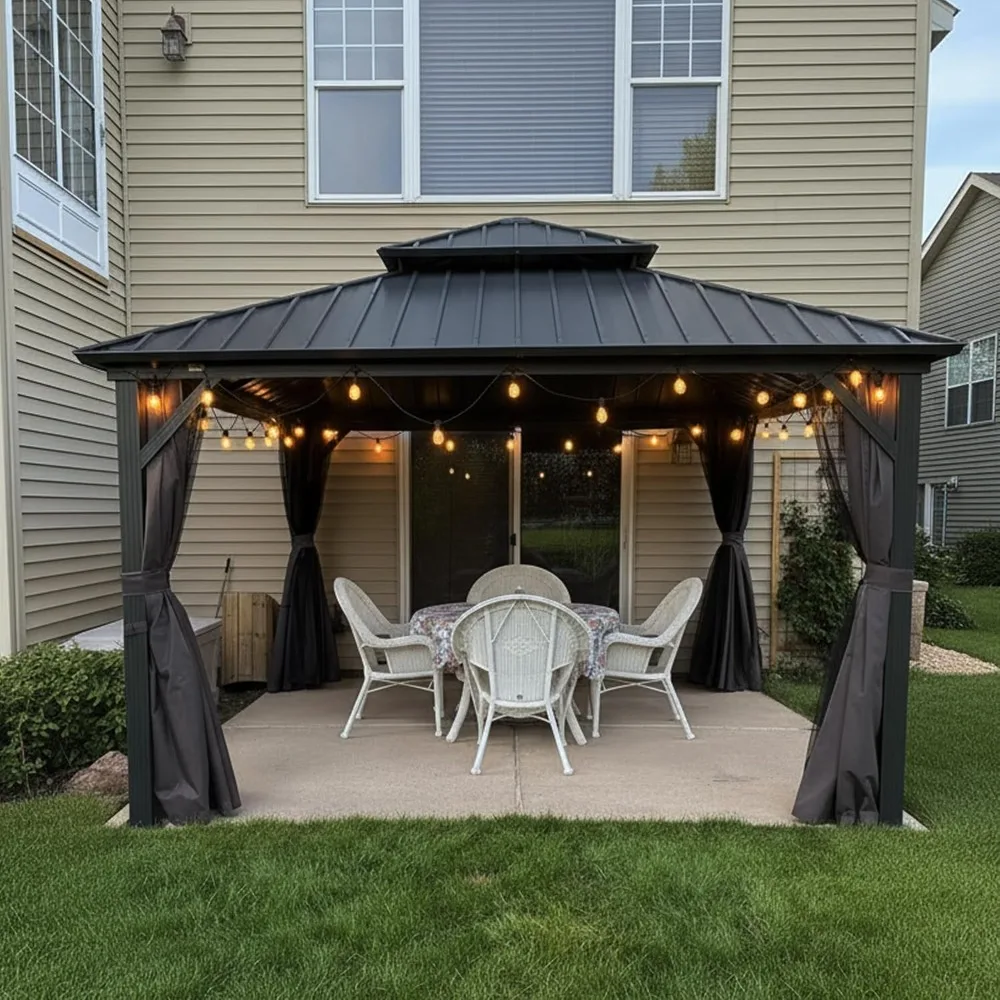 

12'x12' Hardtop Gazebo with Lights Heavy-Duty Galvanized Steel Double Roof Outdoor Patio Gazebo Including Netting and Curtains