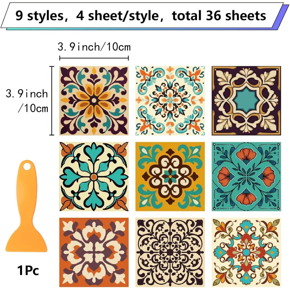 36Pcs 9 Styles Waterproof PVC Tile Stickers for Kitchen Bathroom Waterprrof Wall Tiles Square with Flower Pattern Mixed Color view 2