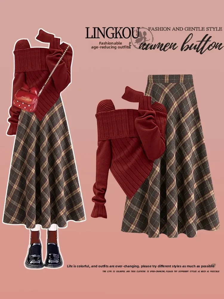Maglione lavorato a maglia rosso e gonna a vita alta Set da due pezzi per donna Ele plus Size Abito di Capodanno V-Ne Long Sve