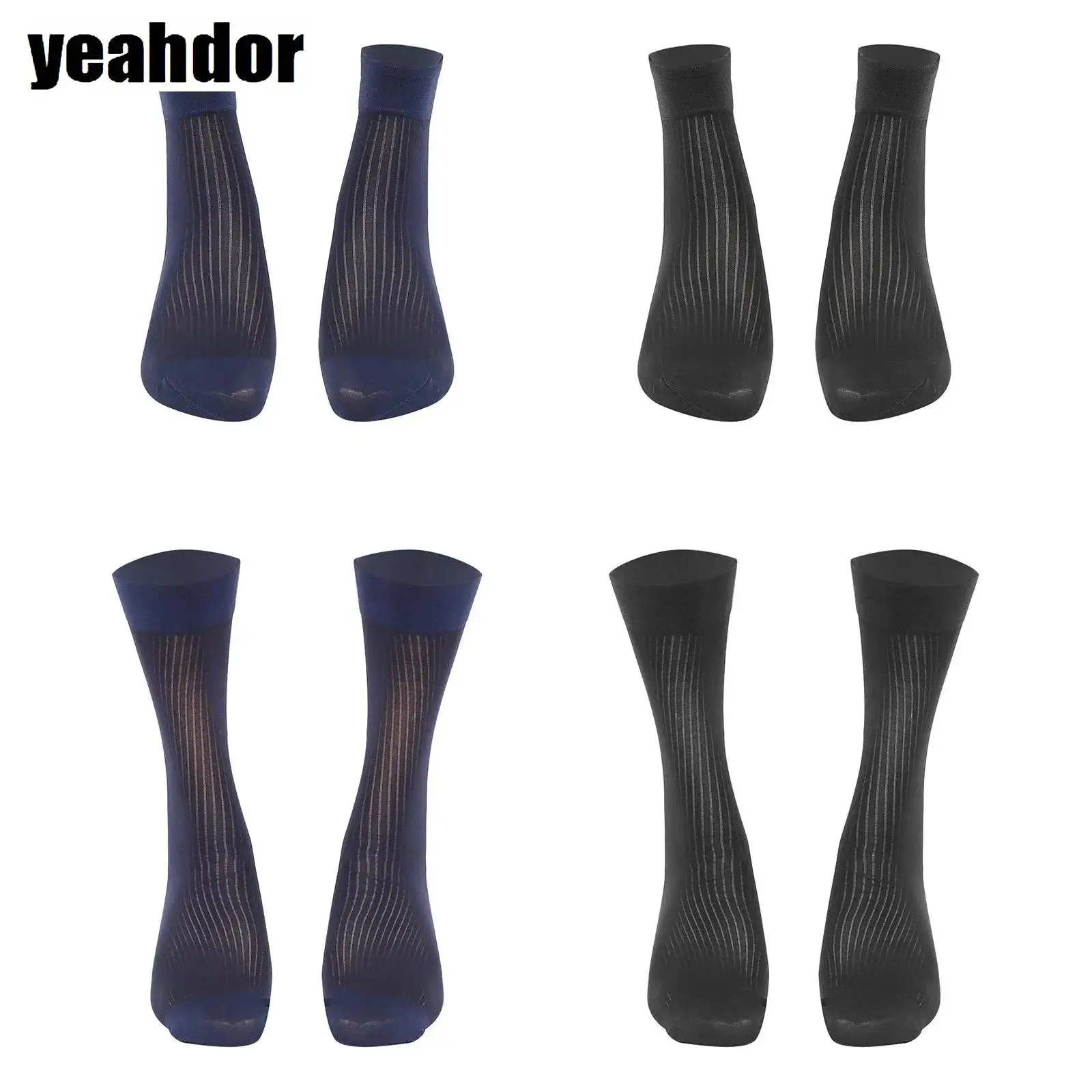 1 Pair Mens Business Silky Socks Fine Stripes Ankle to Calf Length Breathable Hosiery Stockings for Office Work Formal Suit