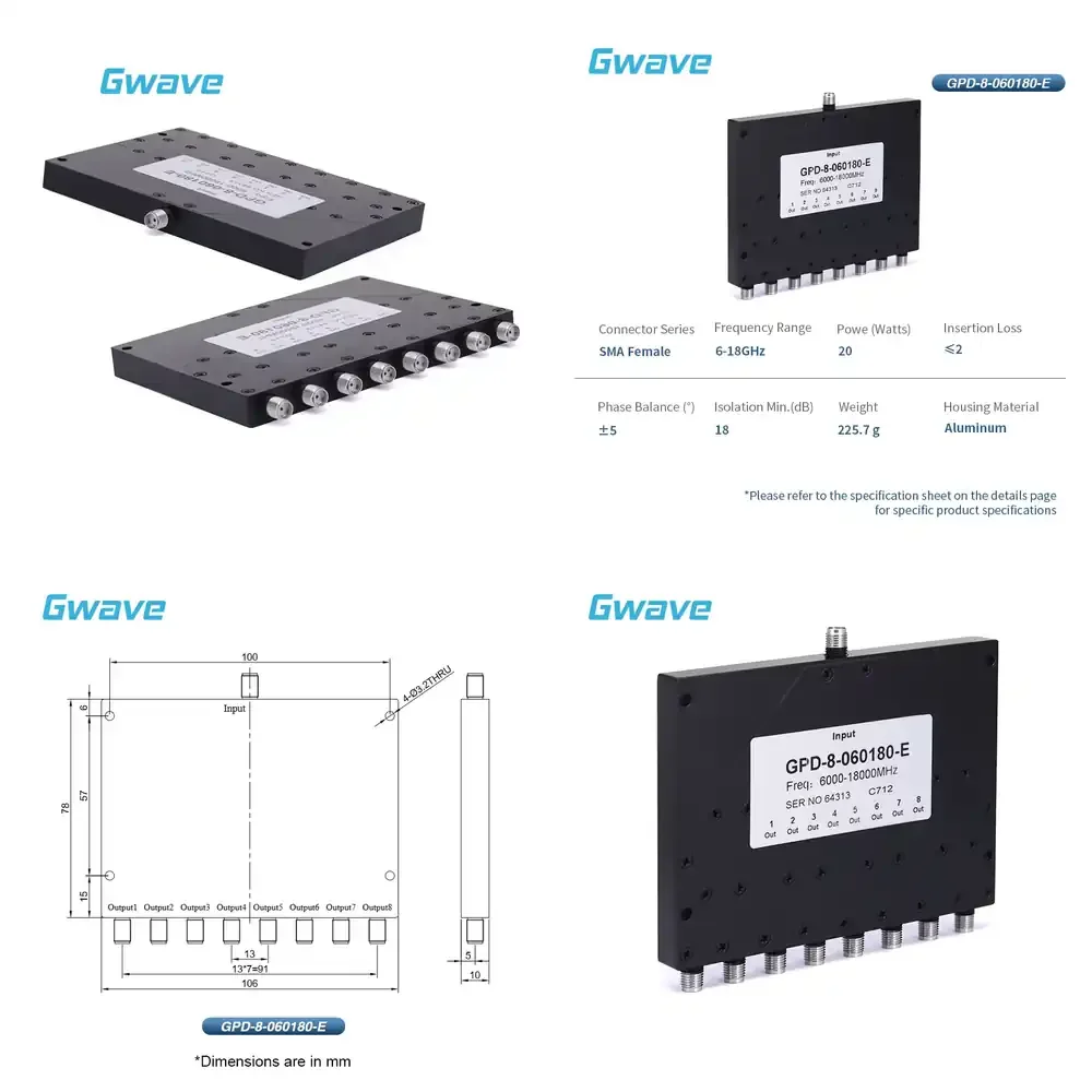 

8-Way for SMA Power Divider for Telecom Parts 6 GHz to 18 GHz 20 Watt